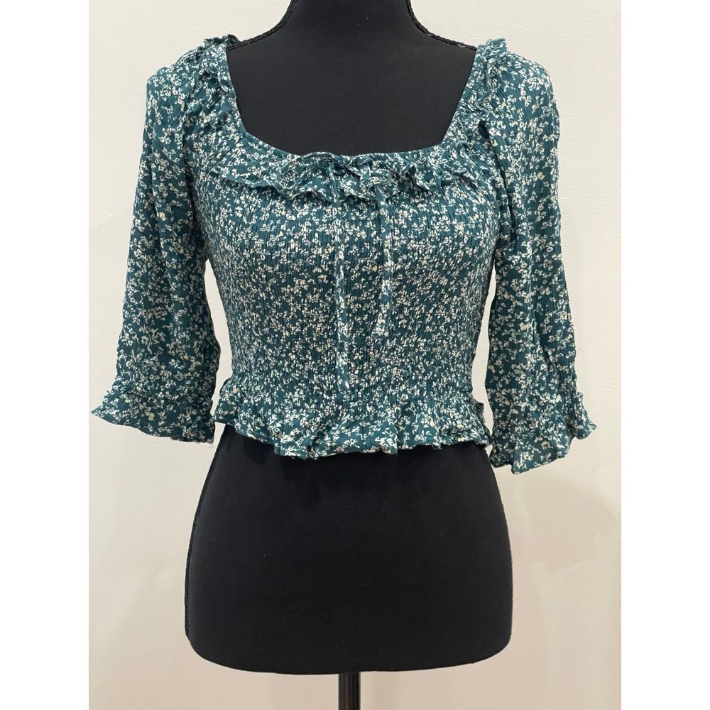 Paper Crane‎ S Teal Patterned Crop Top with Bow